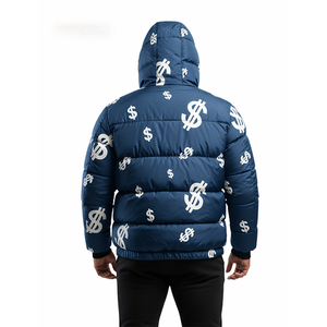 Blouson matelassé bleu à imprimé dollar pour homme, à capuche, streetwear d'hiver, coupe musculation, fermeture éclair, 300 grammes, imperméable, service OEM - Product Image 3