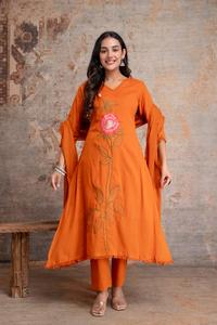 Women's Yellow Floral Embroidered Cotton <b>Kurti</b> & Pant with Dupatta Set Casual Traditional Wear Spring Summer Style - Product Image 5