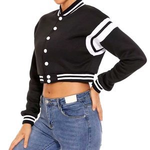 Black Cropped Varsity Jacket With White Stripes <b>Button</b> Front Slim Fit Casual College Style Outerwear For Women And Men - Product Image 3