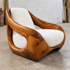 Sillón Moderno de Madera Esculpida con Cojín de Bouclé Crema, Silla de Salón Ecológica para Sala de Estar - Product Image 3