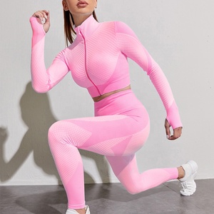 Conjunto personalizado de yoga para el gimnasio para mujer OEM al por mayor traje de entrenamiento de 3 piezas con sujetador chaqueta con cremallera y mallas de ejercicio - Product Image 2