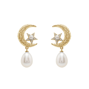 Pendientes con diseño de luna y estrella hechos de plata de ley 925, pendientes de diseño con piedras preciosas de perlas naturales de forma ovalada y redonda, joyería fina - Product Image 4
