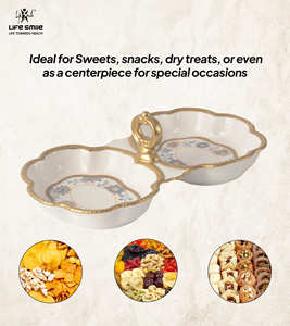 Luxury Bone China Double-Section Serving Dish with Elegant <b>Gold</b> Stand , Nuts platter with Golden <b>Rim</b> & Premium Floral Design - Product Image 4