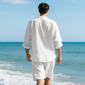 Ensemble chemise et short en coton uni pour homme, décontracté, respirant, col rabattu, coupe ample, vêtements de plage - Product Image 4