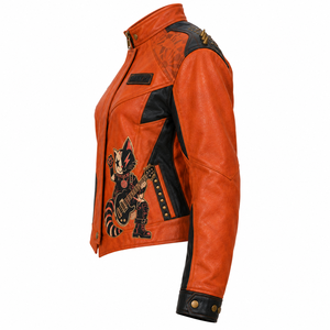 <b>Women</b> Orange Real Cowhide Leather Biker Jacket Printed Cat Black Panel Spiked Shoulder <b>Outerwear</b> Coat OEM ODM Custom Wholesale - Product Image 4