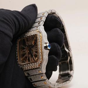 Two Tone Iced Out Skeleton Luxury Stainless Steel Hip Hop Vintage Gold Silver Square Square <b>Mechanical</b> <b>Watch</b> with Glass Dial - Product Image 3
