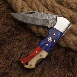 OEM Handmade <b>Camping</b> Survival Damascus Steel <b>Camping</b> Pocket Knife Texas Flag Handle Folding Knives for Outdoor Survival - Product Image 1