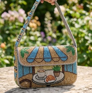 Stylish <b>Seed</b> Beaded Embroidered Canvas <b>Storage</b> Bag Mediterranean Scene Ethnic Jewelry Shoulder Bag Handmade Crossbody Purse - Product Image 4