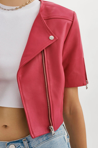Chaqueta de Motociclista Roja Corta Personalizada para Mujer, Chaqueta de Moto de Piel de Oveja Original - Product Image 5