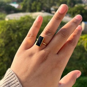 Anillo rectangular de ónix negro, plata de ley 925, chapado en oro de 14 quilates, ajustable, estilo bohemio, joyería para mujer - Product Image 4