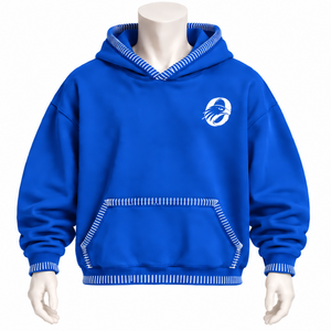 Royal Blue Stitched Border Distressed Pullover <b>Hoodie</b> <b>Oversized</b> Sweatshirt Contrast <b>Stitch</b> Kangaroo Pocket Casual Streetwear Wea - Product Image 1