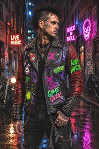 Chaqueta de Motociclista de Cuero Estilo Punk para Hombre con Estampado de Grafiti, Decoración de Remaches, Cierre de Cremallera, Cuello Camisero, para Otoño - Product Image 3