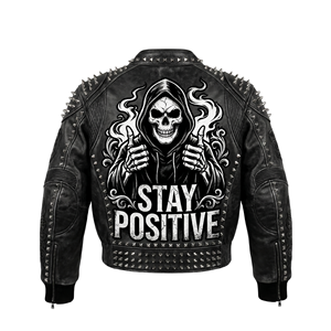 Chaqueta de Cuero Personalizada ODM OEM con Gráfico de Calavera 'Stay Positive', Estilo Punk Rock, para Motociclistas, Ropa de Calle Gótica, Unisex - Product Image 1