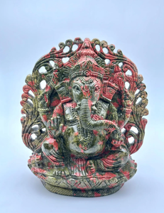 Estatua de Piedra Tallada a Mano del Dios Ganesha, Acabado Verde y Rojo Antiguo, Ídolo Hindú Decorativo para Templo, Sala de Pooja, Regalo - Product Image 6