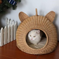 Tissé à la main écologique motif rayé rotin chat maison porte lits pour animaux de compagnie accessoires pour petits animaux