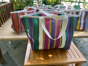 Women's Recycled Nylon <b>Tote</b> Shopping <b>Bag</b> Lightweight <b>Travel</b> Handbag with Easy Carry Stripes Custom Logo for Pink Orange Reusable - Product Image 3