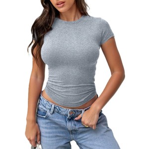 Camiseta de algodón elástica ajustada para mujer, manga corta, básica, suave, transpirable, informal, personalizada, OEM, al por mayor. - Product Image 1