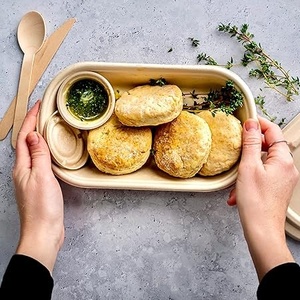 Contenedores de Alimentos Biodegradables de Bagazo, Estilo Nuevo, Herméticos, con Tapa, Desechables, Forma Ovalada, para Entrega de Alimentos, Comida para Llevar, Eventos de Catering - Product Image 1