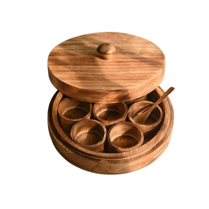 Premium Indian Wooden Spice Box Set Vintage Style Masala Container with Floral Burnt Design for Herbs <b>Seeds</b> and Seasoning - Product Image 5