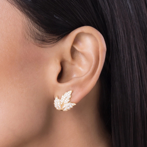 Pendientes de Oro Amarillo de Lujo con Diamantes en Forma de Hoja, Corte Brillante Redondo, Joyería para Uso Diario de Mujer - Product Image 3