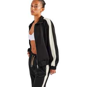Womens Full Zip Turn <b>Down</b> Collar Tracksuit Set Contrast Panel Top Straight Leg <b>Trousers</b> Drawstring Waist Two Piece Casual Outfit - Product Image 2