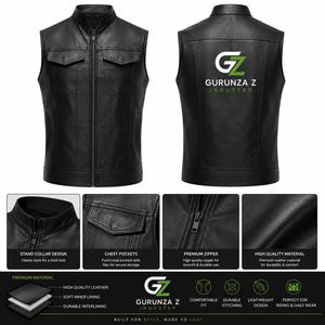 Gilet en cuir de motard style club Guruna pour homme, en cuir de vachette et patchwork denim, veste sans manches Anarchy Biker Z Industry All 3D - Product Image 1