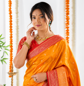 Sari de seda naranja con borde rojo y blusa para mujer, ropa tradicional para bodas en India y Pakistán - Product Image 4