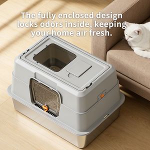 Lettiera per Gatti Chiusa in Acciaio Inossidabile Nero, Adatta agli Animali Domestici, con Bordi Alti per Prevenire lo Spargimento - Product Image 4