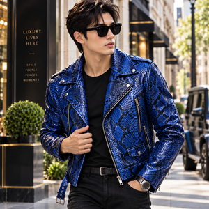 Mens Royal Blue <b>Snakeskin</b> Embossed Genuine Leather Biker <b>Jacket</b> | Luxury Winter Motorcycle <b>Jacket</b> | Breathable Fashion <b>Jacket</b> - Product Image 1