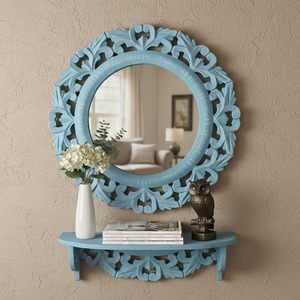 Blue Round Wall <b>Mirror</b> Carved Wooden <b>Hanging</b> <b>Mirror</b> Decorative Accent <b>Mirror</b> for Home Decor - Product Image 3