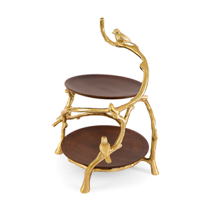 2-Tier Wooden Cake <b>Stand</b> With Golden <b>Bird</b> Branch Frame, Elegant Countertop Display Tray For Wedding And Luxury Home decoration - Product Image 2