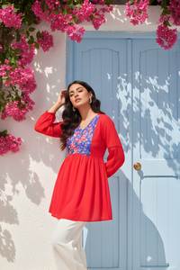 Túnica Elegante Roja de Georgette para Mujer, con Estampado, Largo Regular, Cuello en V, Manga Larga, Completamente Cosida, Estilo Occidental para Fiestas - Product Image 4