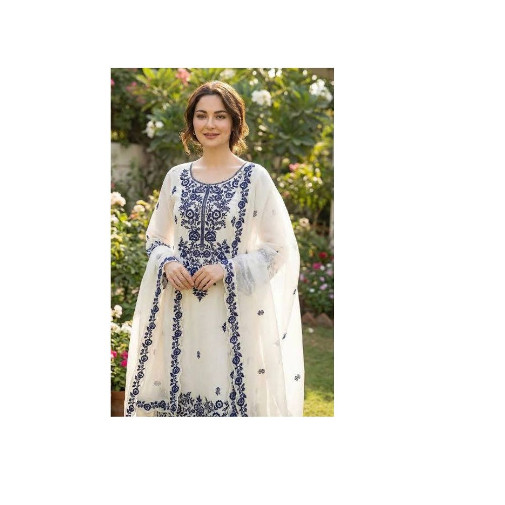white christmas dresses 3 Pc White Readymade Cotton Dupatta Suit Set main image 0