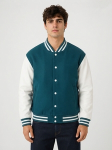<b>Men's</b> Custom Casual Varsity Bomber <b>Jacket</b> Contrast Sleeve Baseball Style Outerwear Ribbed Trim Snap Button Front Waterproof - Product Image 4