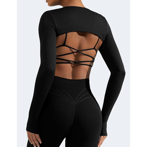 <b>Women</b> <b>Black</b> Long Sleeve <b>Crop</b> <b>Top</b> Crew Neck Solid Color Seamless Hollow Out Yoga Shirt Skinny Fit Full Sleeve Spandex Polyester - Product Image 4