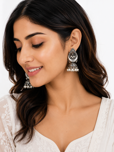 MOQ Available Oxidized <b>Silver</b>-Plated Pear Shape Bezel Set <b>Stud</b> <b>Earrings</b> Traditional Boho Fashion Jewelry for Women Party Gift - Product Image 2