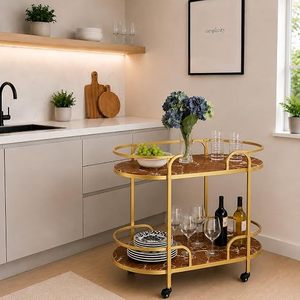 Chariot de bar minimaliste à double niveau avec roulettes, plateau en marbre et structure dorée pour le rangement des boissons dans la cuisine - Product Image 1