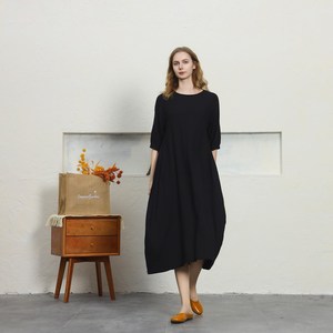 Robe maxi en coton et lin noir de qualité supérieure, col rond, coupe ample, manches 3/4, tenue décontractée d'été pour tous les jours - Product Image 1