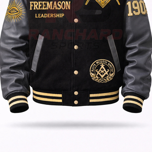 Veste universitaire personnalisée d'inspiration maçonnique – Corps en laine de qualité supérieure avec manches en cuir PU et symboles brodés - Product Image 3