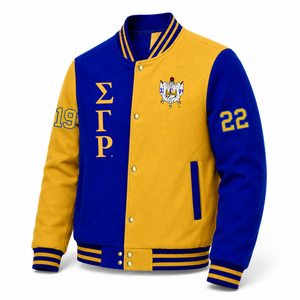 Chaqueta universitaria personalizada de la hermandad Sigma Gamma Rho, azul y dorada, con cremallera frontal completa, cuello con ribete, logotipo bordado, de algodón. - Product Image 2