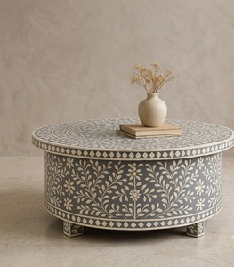 Table basse en bois artisanale de luxe avec incrustation en os, design géométrique floral pour salon de villa moderne - Product Image 1
