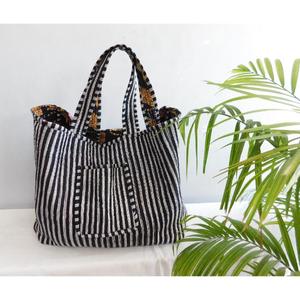 Bolso Tote Acolchado de Algodón Hecho a Mano con Estampado de Bloques, Cierre Abierto, Estilo Boho, Reutilizable, para Compras, Bolso de Hombro para Mujer, para Todas las Temporadas - Product Image 3