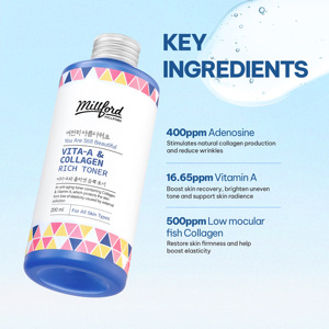 Tonique riche en vitamine A et en collagène Millford 200 ml, anti-âge, pour tous types de peaux, fabriqué en Corée - Product Image 4