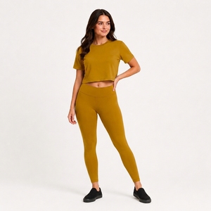 Women's Mustard Yellow Cropped T-Shirt High-Waisted Leggings Set Hip Hop Slim Fit Casual Wear Spring Summer Solid Color Woven - Product Image 1
