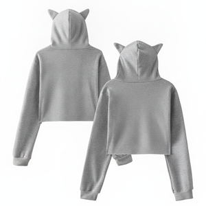 Sudadera con Capucha Corta Personalizada para Mujer, con Orejas de Gato, Color Gris Sólido, Manga Larga, Estilo Harajuku, con Cuernos de Diablo, Streetwear Y2K - Product Image 2