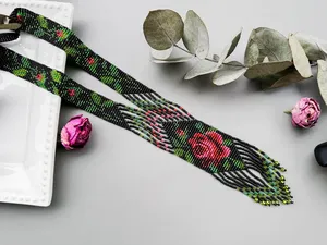 Latest black Beaded <b>Boho</b> tender red rose beadwork necklace, Ethnic floral beaded gerdan, flower necklace for wedding, gift - Product Image 2