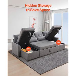 Divano Letto Convertibile a U con 2 Tasche Laterali, 2 Cuscini, Chaise Longue Doppia, 6 Posti, Divano Letto Estraibile a L con 2 Tasche Laterali - Product Image 4