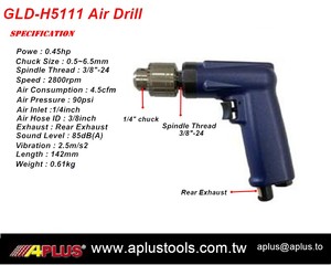 Perceuse pneumatique APLUS GLD-H5111 2800 tr/min 0,45 CV Filetage de broche 3/8-24 Mandrin 1/4 Type à engrenages 0,61 kg OEM Garantie 1 an Aviation - Product Image 2