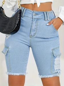 Shorts de Mezclilla Azul Claro al por Mayor con Detalles Desgastados y Dobladillo Deshilachado, Estilo Urbano de Verano, Shorts de Mezclilla Desgastados - Product Image 3
