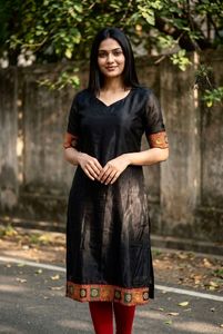 ชุดคุर्ติสผ้าซาตินสีน้ำเงินสำหรับผู้หญิง แขนเสื้อปักลายและชายเสื้อปักลายแบบดั้งเดิมของอินเดีย ชุดลำลองความยาวระดับเข่า ทรงพอดีตัวเรียบง่าย - Product Image 3